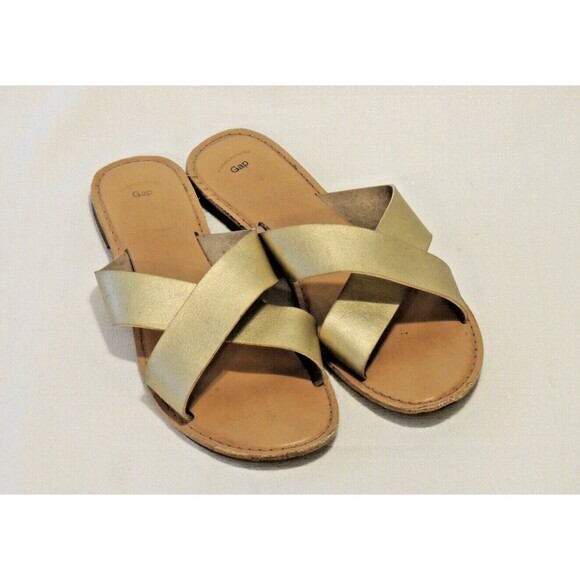 GAP Pale Gold‎ Cross Cross Leather Slides Classic Sandals Sz. 10 - Picture 2 of 7